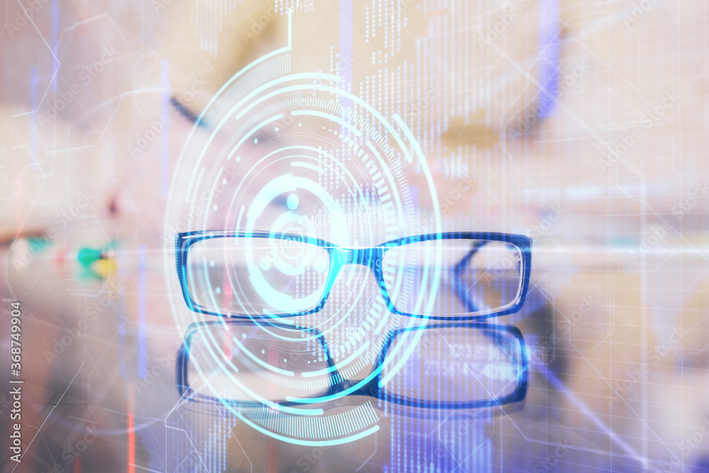 Double exposure of writing hand on background with data solution technology hologram. Ai concept. Double exposure of writing hand on background with data solution technology hologram. Ai concept.