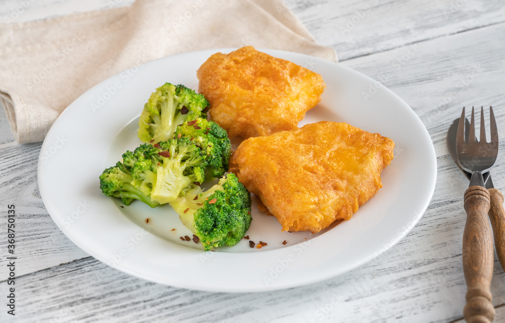 Battered fish with broccoli Battered fish with broccoli