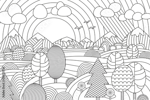 Landscape of geometric elements with lines. Anti stress coloring.
Tribal retro doodle vector illustration. Sunset, clouds, mountains, hills, trees.