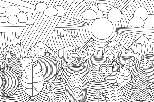 Landscape of geometric elements with lines. Anti stress coloring.
Tribal retro doodle vector illustration. Sunset, clouds, mountains, hills, trees.