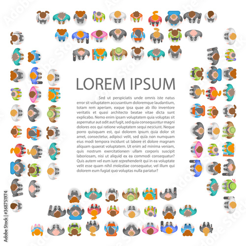 A large group of people crowds in the form of a square frame on a white background. Top view. Space for text.