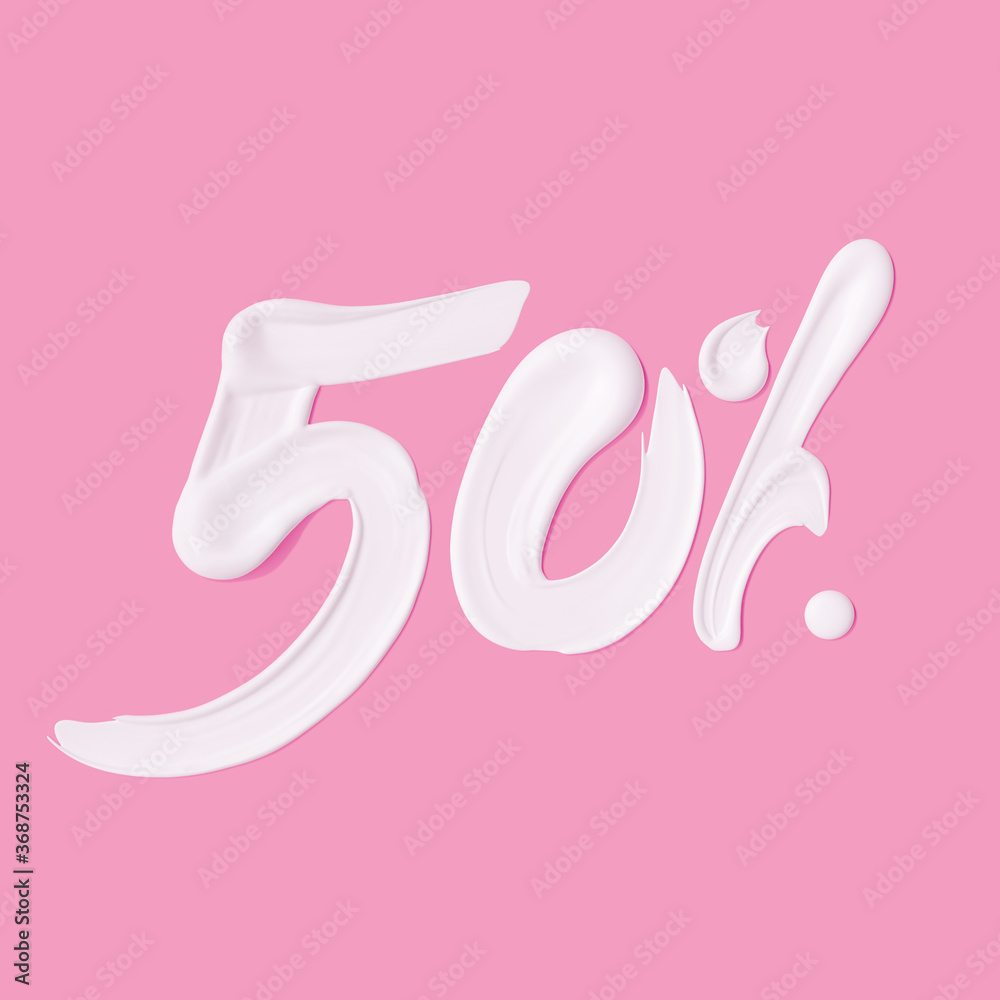 Obraz premium 50 % sale cosmetic product banner white cream smear. Paint stroke Number fifty percent discount. 3d rendering.