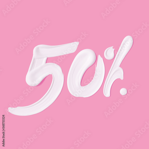 50 % sale cosmetic product banner white cream smear. Paint stroke Number fifty percent discount. 3d rendering.