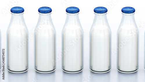 Milk bottles in a row isolated on white background. 3D illustration