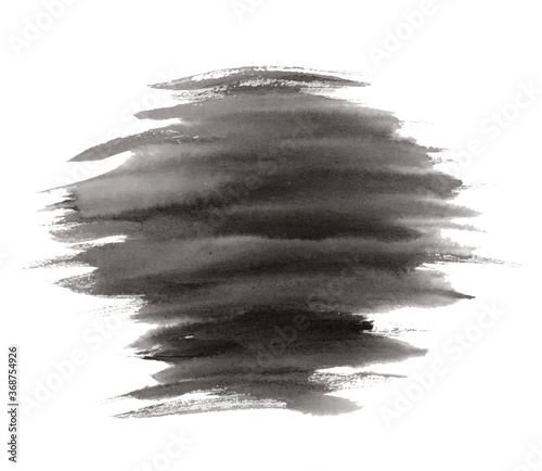 Abstract vector expressive striped black ink or watercolor stain. Mysterious textured inky blob isolated on white background, dark thunderous cloud concept