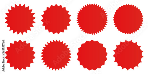 Set of vector starburst badges. Red blank icons on white background. Simple flat style vintage labels, stickers. Vector illustration.