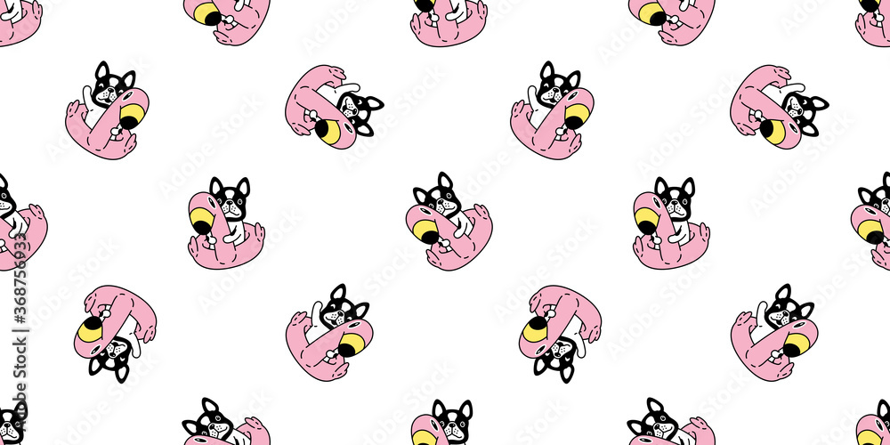 dog seamless pattern french bulldog swimming ring flamingo pool ocean beach puppy pet breed vector repeat wallpaper scarf isolated tile background cartoon animal doodle illustration design - obrazy, fototapety, plakaty 