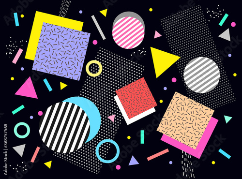 Memphis pattern. Geometrical banner. Retro, vintage 1980s, 1990s style. Vector artwork. Blue, black, white, pink, yellow, beige, blue, purple colors. Logo, label, branding. Print, poster, wallpaper