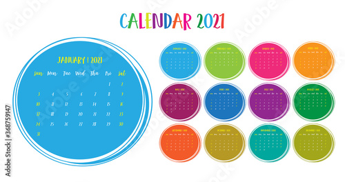Calendar annual vector template year 2021 for office, layout corporate and company with circle, business planner with graphic design, element modern of schedule, Week start on Sunday.