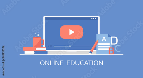 e-learning and online education, distance learning lesson via video on website platform on laptop computer concept, vector flat illustration