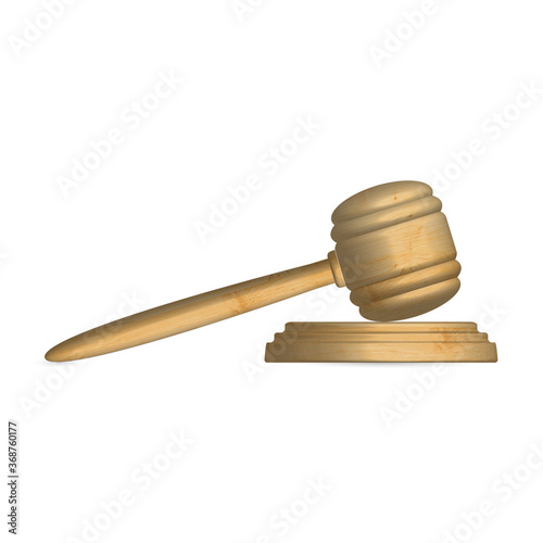 Wooden judge hammer and stand, vector illustration.