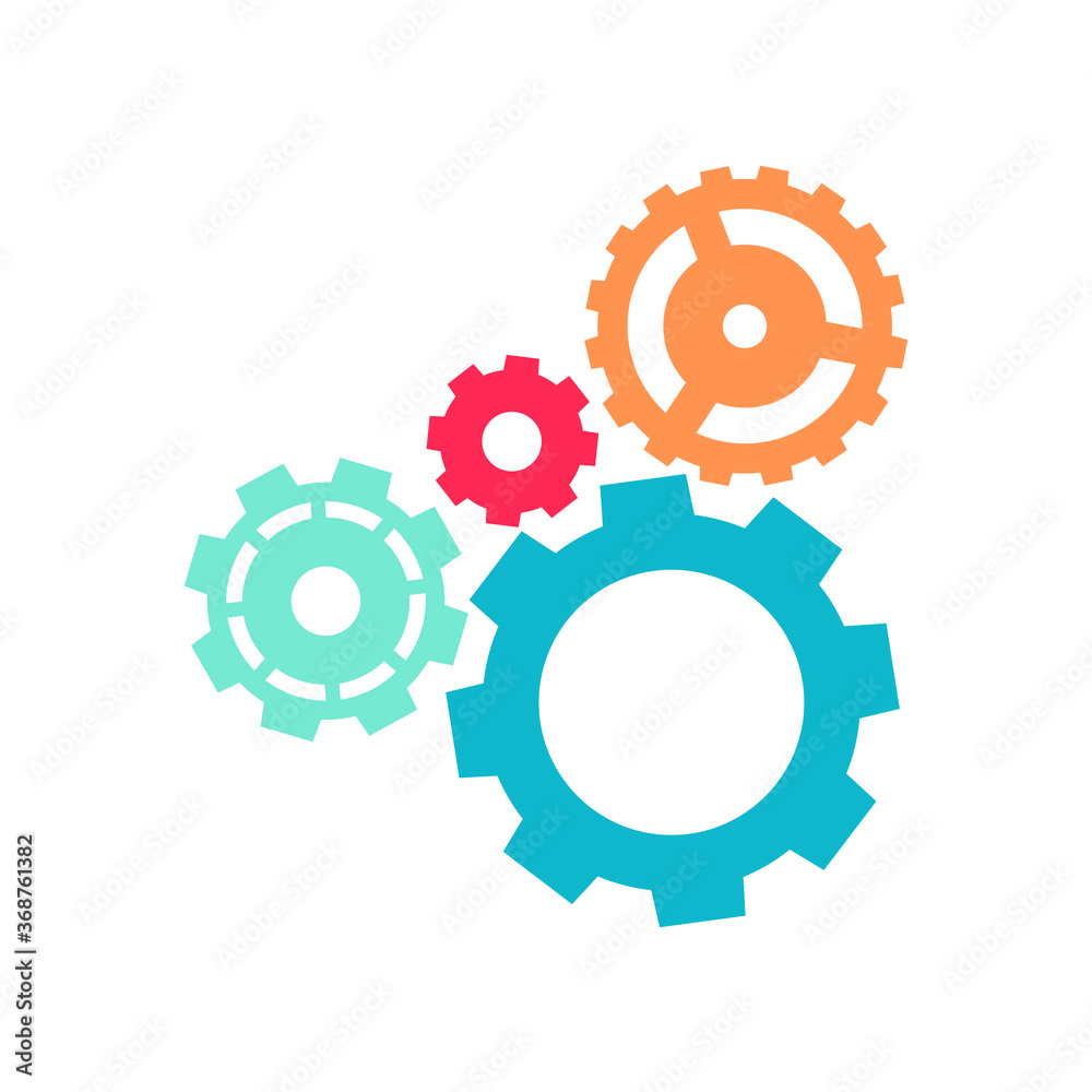 Сircle cog gears for engineering mechanism icon isolated on white background. Colorful gear symbol for button icon for progress web, machinery industrial technology sign. Infographic vector template Сircle cog gears for engineering mechanism icon isolated on white background. Colorful gear symbol for button icon for progress web, machinery industrial technology sign. Infographic vector template