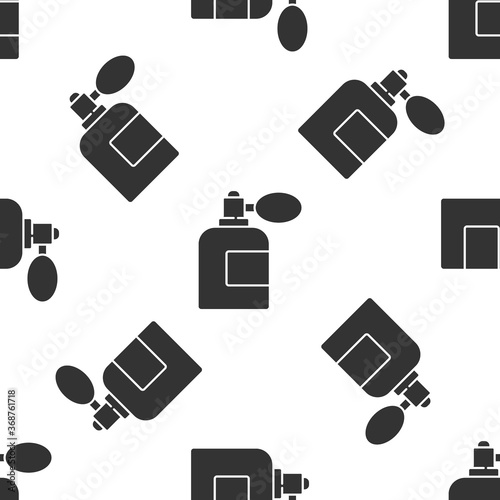 Grey Aftershave bottle with atomizer icon isolated seamless pattern on white background. Cologne spray icon. Male perfume bottle.  Vector Illustration