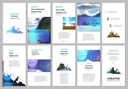 Creative social networks stories design, vertical banner or flyer template. Covers design templates for flyer, brochure. Background for tourist camp, nature tourism, camping. Aadventure design concept