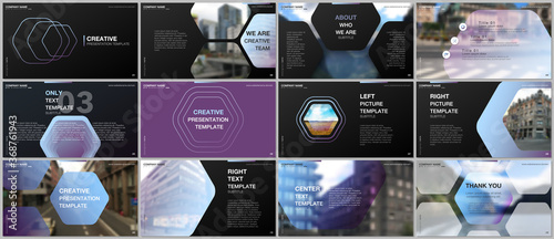 Minimal presentations design, portfolio vector templates with hexagonal design violet color pattern background. Multipurpose template for presentation slide, flyer leaflet, brochure cover, report.