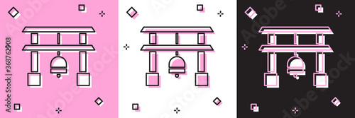Set Japan Gate icon isolated on pink and white, black background. Torii gate sign. Japanese traditional classic gate symbol.  Vector Illustration