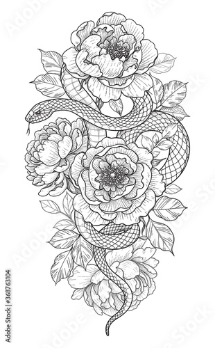 Vector Twisted Snake and Peony Flowers