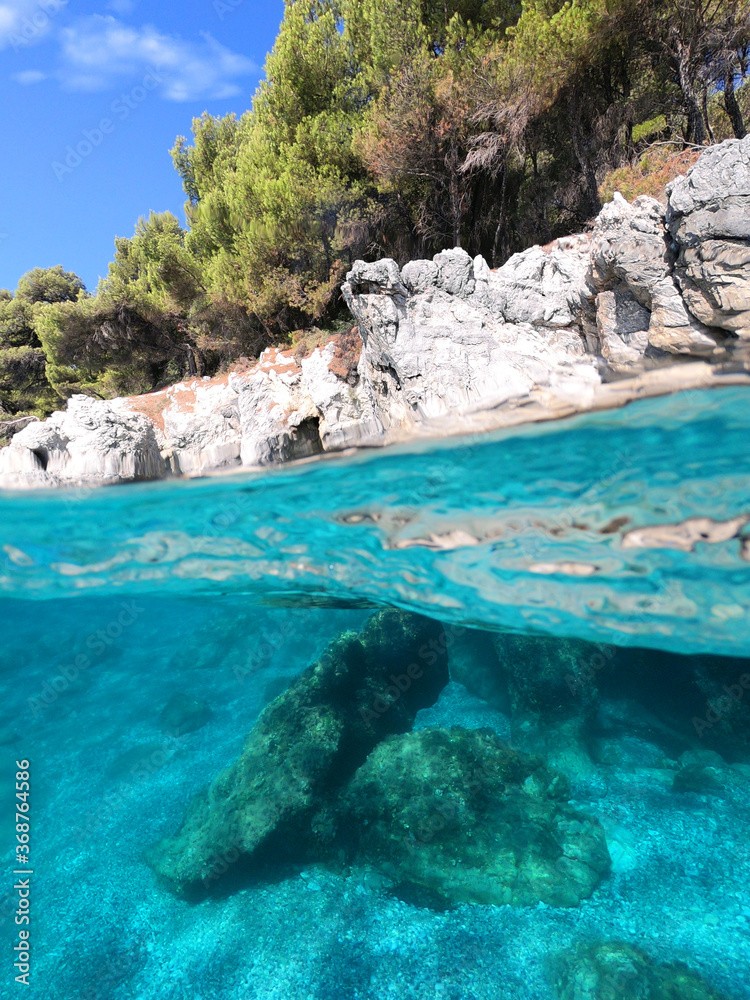 Underwater and sea level photo of amazing tropical rocky turquoise clear seascape with caves and natural pine trees Underwater and sea level photo of amazing tropical rocky turquoise clear seascape with caves and natural pine trees