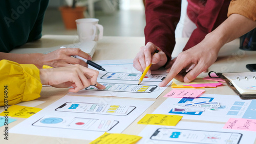 Brainstorm planing creative teamwork, Close up of hands mobile phone app developer team meeting about screen display prototype layout for smartphone, ui, ux concept