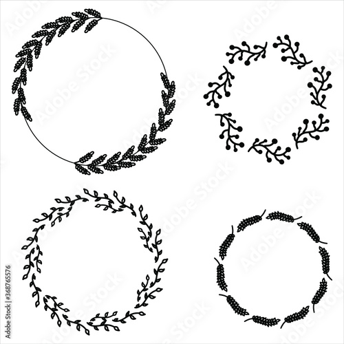 Black set of floral hand-drawn brushes borders round frames, elements in doodle style on white background. Berry christmas ear of wheat corn vector illustration for wedding invitation textile greeting