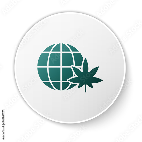 Green Legalize marijuana or cannabis globe symbol icon isolated on white background. Hemp symbol. White circle button. Vector Illustration