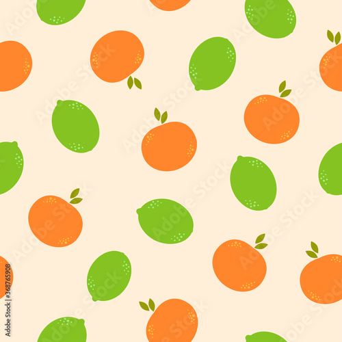 Fototapeta Naklejka Na Ścianę i Meble -  Flat cute limes and oranges on light background. Seamless citrus summer food pattern. Suitable for packaging, menu design.