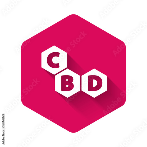 White Cannabis molecule icon isolated with long shadow. Cannabidiol molecular structures, THC and CBD formula. Marijuana sign. Pink hexagon button. Vector Illustration