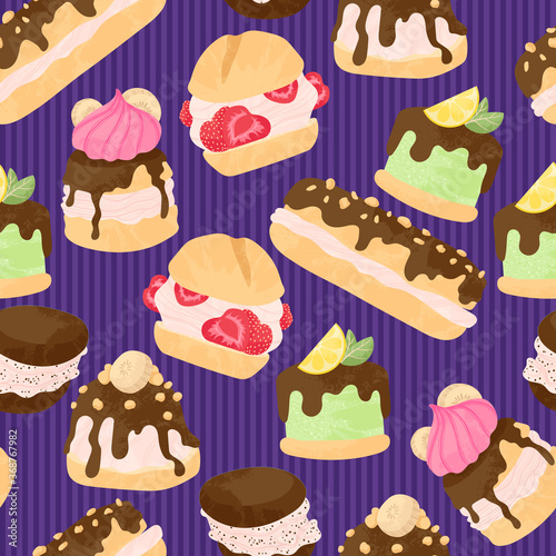 Various cake, eclair and profiterole vector seamless pattern in flat cartoons style.  Cute colorful dessert with chocolate, berries and fruits on blue stripes background.
