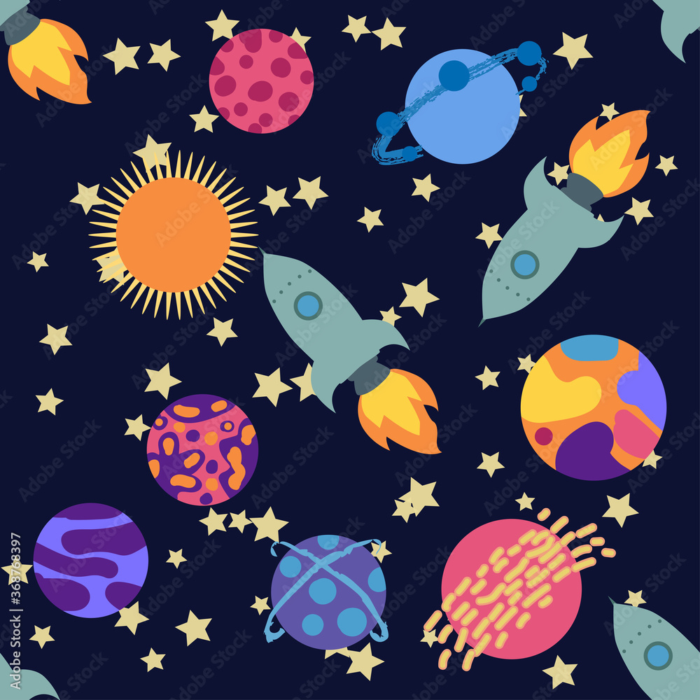 Seamless space pattern. Planets, rockets and stars. Cartoon spaceship icons. Kid's elements for scrap-booking.
