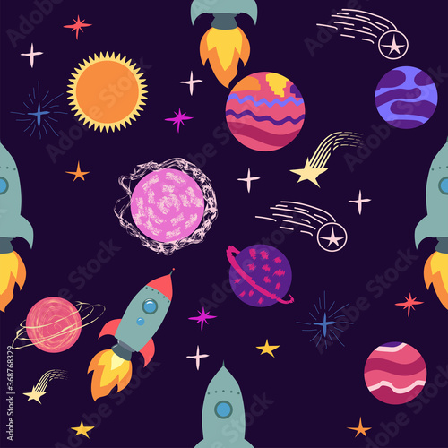Seamless outer space ufo rocket science kids background pattern