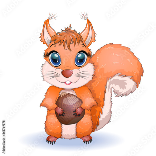 Cute cartoon squirrel with beautiful eyes holds a nut, surrounded by nuts