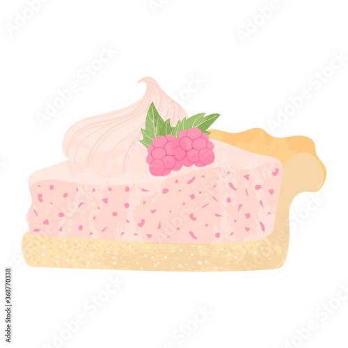 Piece of cheesecake with whipped cream and raspberry birthday tasty bake. Vector flat cartoons illustration of tasty dessert. Sugar gourmet pastry cake slice sweet delicious pie.