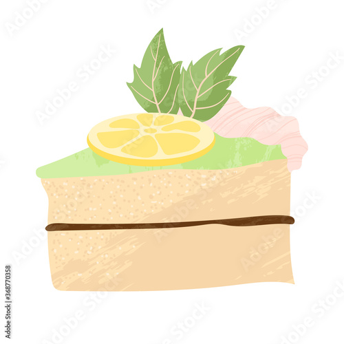 Piece of cake with whipped cream, chocolate and lemon birthday tasty bake. Vector flat cartoons illustration of tasty dessert. Sugar gourmet pastry cake slice sweet delicious.