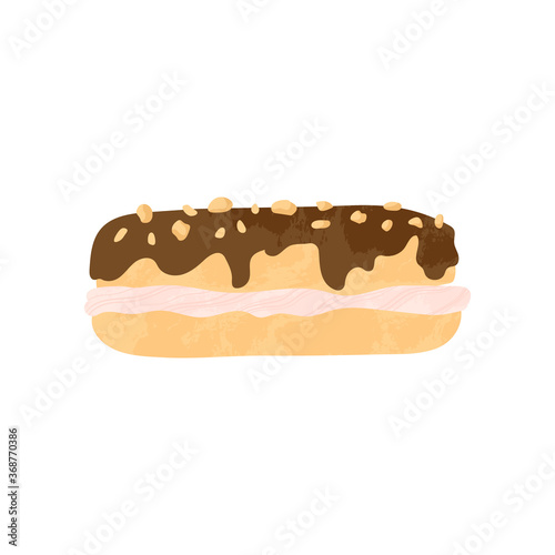 Chocolate eclair with chocolate and caramel. Tasty dessert vector illustration in flat cartoons design. Isolated on white background. Stock art.