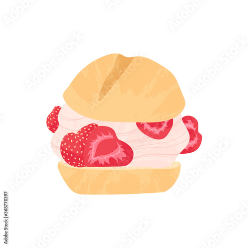 Profiteroles with whipped cream and strawberry vector illustration in flat cartoons style. Cute tasty dessert with berry flat icon with texture. Isolated on white.