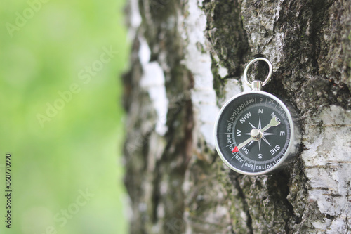 round compass against background of birch bark as symbol of tourism with compass, travel with compass and outdoor activities with compass