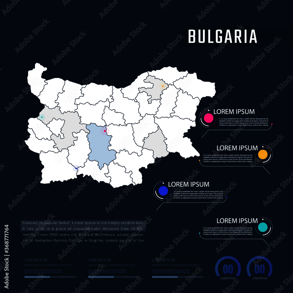Bulgaria country map infographics vector with pointer marks and circle chart.  Editable Infographics template. Vector illustration