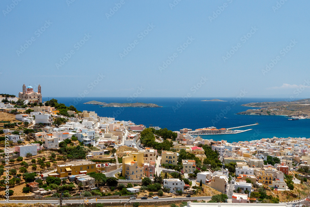 Ermoupolis town, panoramic view of the capital town of Syros island, Cyclades, Greece, Europe.