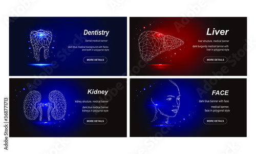 Low poly banner set. medicine disease drug treatment painful area. 3d render of polygons