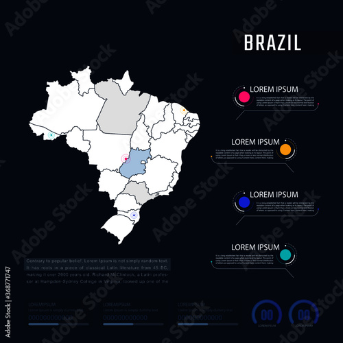Brazil country map infographics vector with pointer marks and circle chart.  Editable Infographics template. Vector illustration