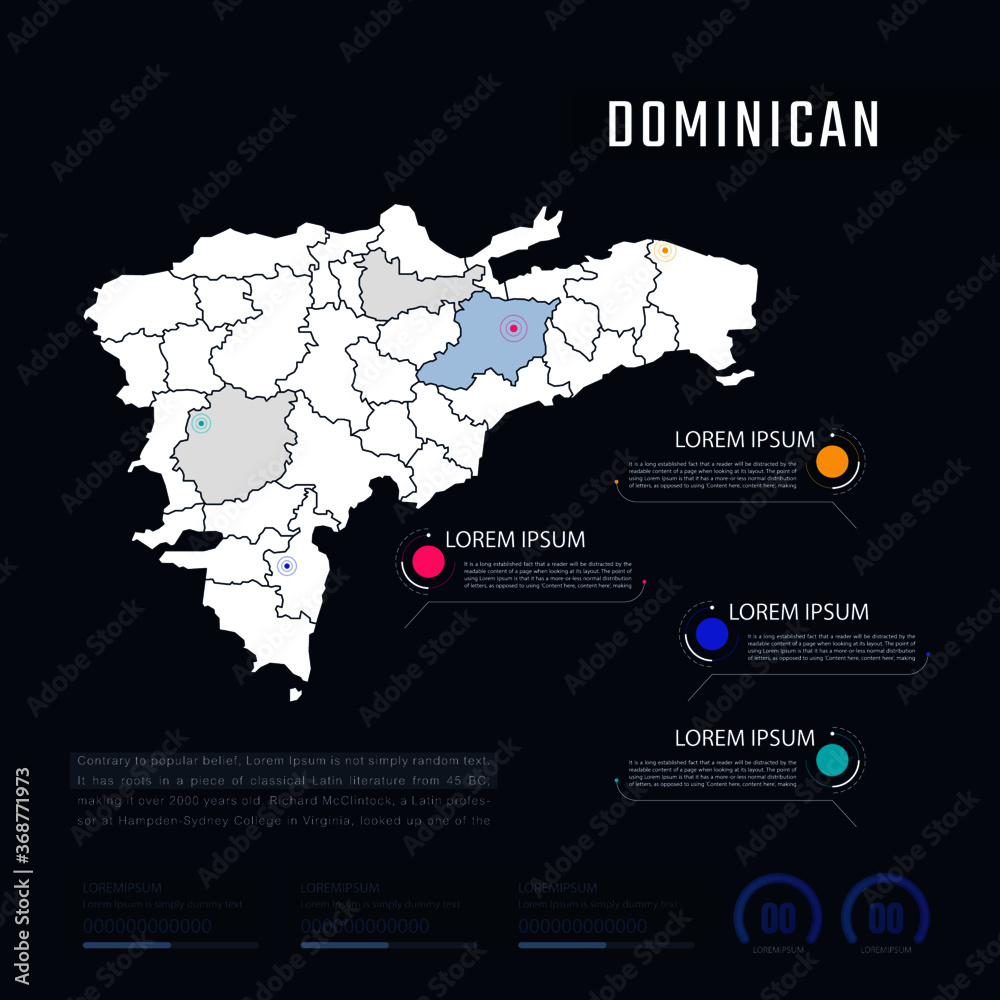 Dominican country map infographics vector with pointer marks and circle chart.  Editable Infographics template. Vector illustration