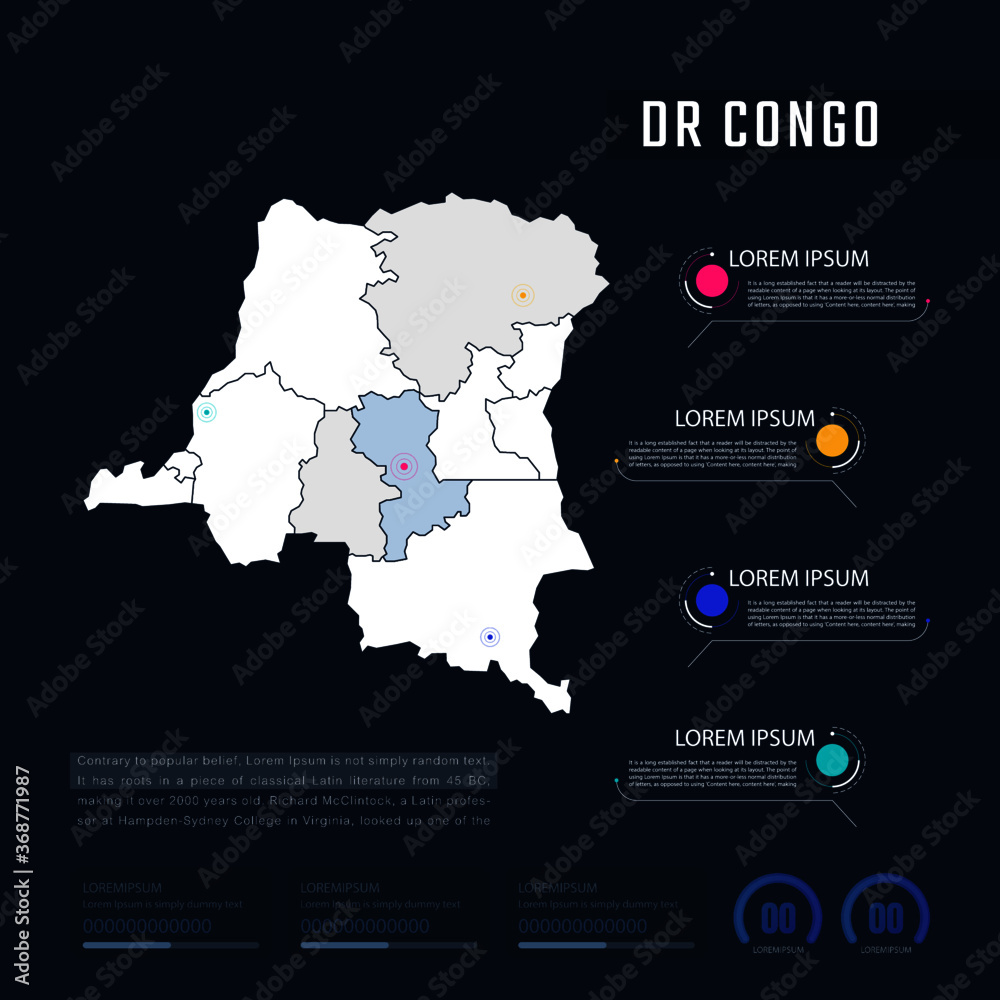 DR Congo country map infographics vector with pointer marks and circle chart.  Editable Infographics template. Vector illustration