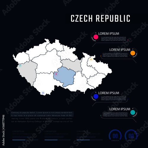 Czech country map infographics vector with pointer marks and circle chart. Editable Infographics template. Vector illustration