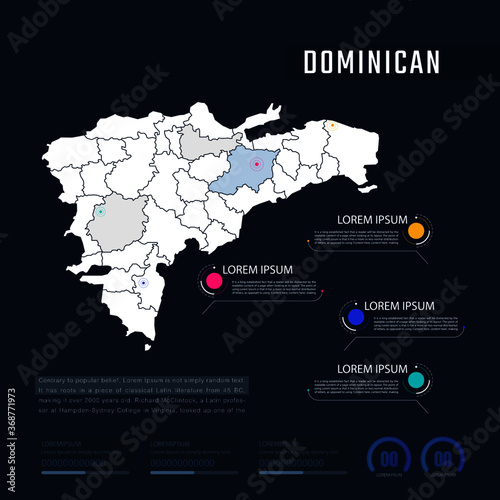 Dominican country map infographics vector with pointer marks and circle chart. Editable Infographics template. Vector illustration