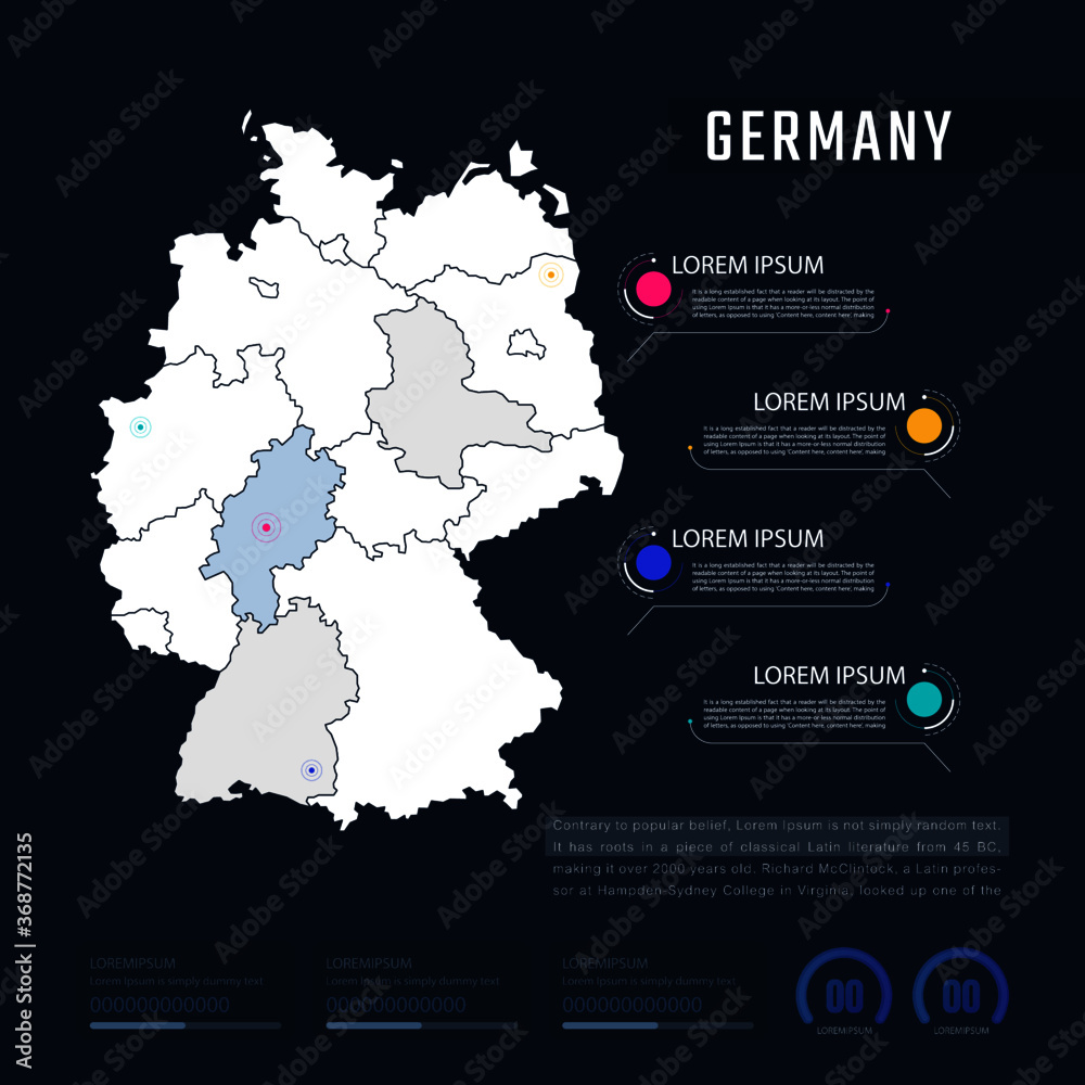 Obraz premium Germany country map infographics vector with pointer marks and circle chart. Editable Infographics template. Vector illustration