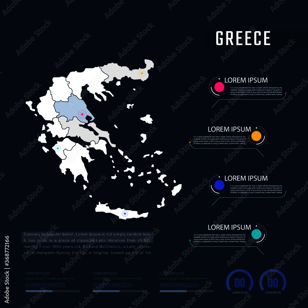 Obraz premium Greece country map infographics vector with pointer marks and circle chart. Editable Infographics template. Vector illustration