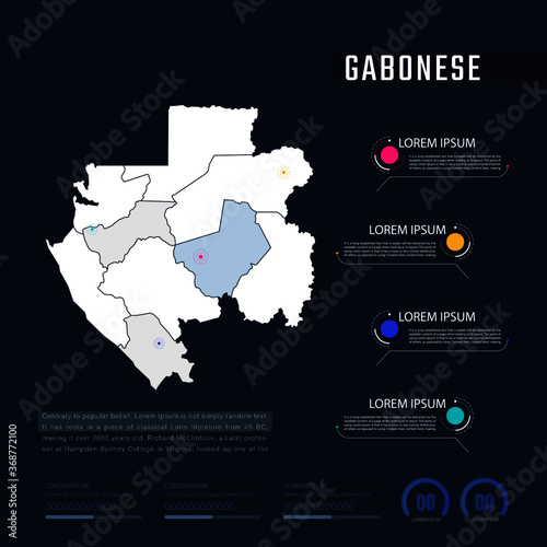 Gabonese country map infographics vector with pointer marks and circle chart. Editable Infographics template. Vector illustration
