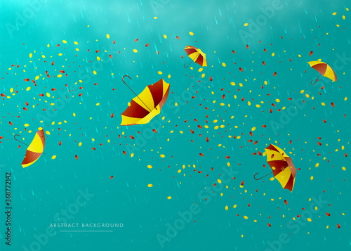 Abstract light blue autumn background with leaves and umbrellas flying in the rain.