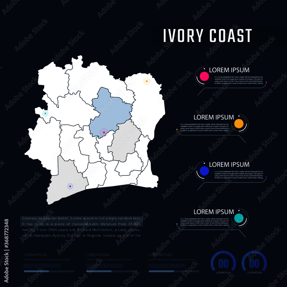 Ivory Coast country map infographics vector with pointer marks and