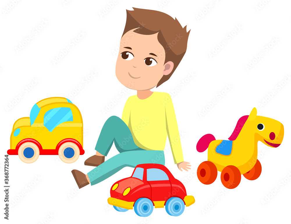 Little boy sitting and actively playing with toys on floor. Toy as yellow and red cars. Colorful horse with wheels to moving it. Kid isolated on white background. Vector illustration in flat style Little boy sitting and actively playing with toys on floor. Toy as yellow and red cars. Colorful horse with wheels to moving it. Kid isolated on white background. Vector illustration in flat style